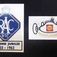 2 x vintage sticker decals RAC Diamond jubilee and Shell methyl benziner racing car sticker - Sold for $27 - 2016