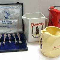 Group of whisky jugs and EPNS forks incl, Dewars by Wade and Haig  by Carlton Ware - Sold for $43 - 2016