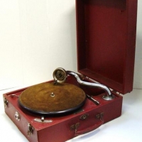 Vintage portable 'Midget' Gramophone in red cloth covered hard case - Sold for $62 - 2016