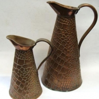2 x English ARTS & CRAFTS beaten Copper JUGS - Snakeskin like finish, marked JS&S England to bases - Sold for $37 - 2016