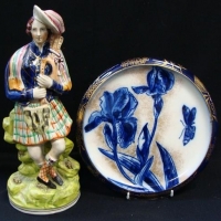 2 x items - c1890 Doulton Burslem 'Blue Iris breadcake plate with gilding & Staffordshire figurine & a Scottish bagpipe player (af) - Sold for $37 - 2016
