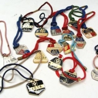 Group lot vintage footy items - membership medallions, Scanlens footy cards - Sold for $81 - 2016