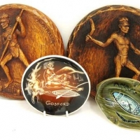 Small group lot - Australian vintage Aboriginal themed items incl pair of wall plaques, Cula pottery shallow bowl & unmarked fish shaped ash tray with - Sold for $43 - 2016