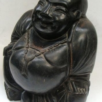 Vintage carved black wooden laughing Buddha - 17cms H - Sold for $27 - 2016