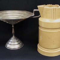 2 x Pces Art Deco style items incl unusual cream Hecla ceramic electric jug & EPNS comport - Sold for $25 - 2016