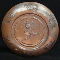 Art Nouveau wall plate in coppered steel with centerpiece of a beautiful lady - Sold for $25 - 2016