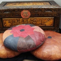 Group lot - Heavy carved camphor box or chest plus 3 x eastern cushions - Sold for $50 - 2016