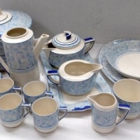 Group of Art Deco Royal Doulton 'Envoy' pattern dinner ware  incl Tureens, Jugs, Sandwich tray, Demitasse cups etc - Sold for $81 - 2016