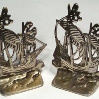 Pair of vintage chromed brass Spanish galleon bookends - Sold for $35 - 2016
