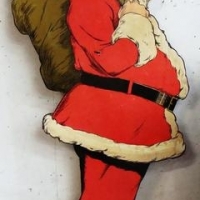 Large colourful vintage wooden free standing cutout sign of Santa with his sack of toys  - approx 170cm H - Sold for $81 - 2016
