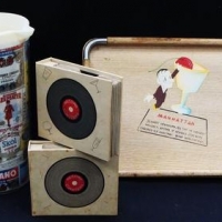 Small group lot vintage bar items inc - 'Manhattan' tray, Plastic jug and 2 x cases 'Record' coasters - Sold for $25 - 2016