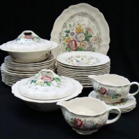 Vintage Royal Doulton part dinner set in 'Malvern' pattern inc - plates, soup bowls, gravy boats, platter, lidded tureens, etc - approx 36 pieces - Sold for $124 - 2016