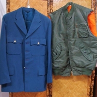 2 x pieces Vintage c1970's RAAF Men's Uniform - Light Blue Summer Dress jacket w Gilded Buttons + Fab Green FLIGHT VEST w all Original Australian & US - Sold for $31 - 2016