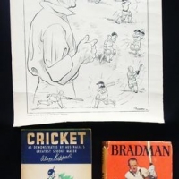 3 x Pieces - Vintage Sir Don Bradman & other CRICKET Ephemera -1st Ed HCover volume BRADMAN PUB 1948, Unframed Cartoon supplement from The Age 'wonder - Sold for $31 - 2016