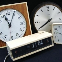 Group lot retro & other 1970's Clocks inc - Smiths silver & black Wall clock, Alarm clock, etc - Sold for $27 - 2016