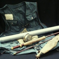 Vintage Fly fishing rod, jacket  and reel - reel marked Silver king 3 12 JM Gillies Pty ltd Melbourne - Sold for $112 - 2016