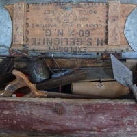 Vintage wooden tool box & contents incl wood plane, rebate saws, massive screwdriver etc - Sold for $37 - 2016