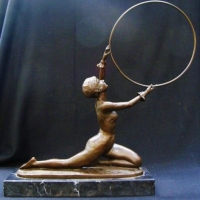 Lot 178 - Modern reproduction bronze figure - Art Deco Lady Kneeling with Ring - bears signature to base - approx 42cm tall