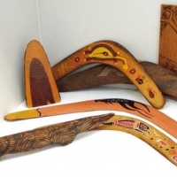 Lot 249 - Group lot Vintage Boomerangs incl - carved Emu boomerang & pyrography lizard