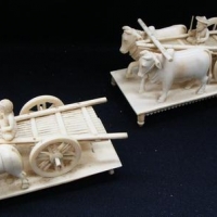 Pair of 19th century  Indian Ivory carved models of Oxen & carts with drivers - Sold for $174 - 2016