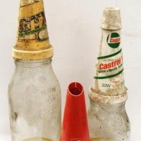 Small group lot oil bottles & pourers incl Castrol, BP, etc - Sold for $62 - 2016