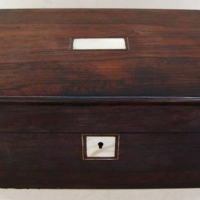 Victorian rosewood veneered box with mother of pearl inlay, hinged lid & removable internal cover - Sold for $106 - 2016
