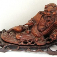 Vintage Chinese wooden Carving on stand - figure of a wise man with dragon & fish - Sold for $81 - 2016