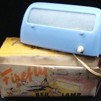 Vintage c1950's Boxed near new FIREFLY bedside Lamp - Blue Bakelite, stylish Futuristic shape w Frosted Panel shade & vents to top - Sold for $35 - 2016