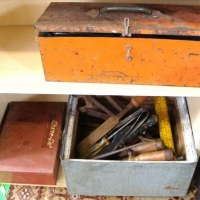 2 x Boxes of hand tools and hardware  incl Rambo knife, chisels, drill bits - Sold for $75 - 2016