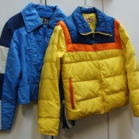 2 x Fab c197080's PUFFY SKI RAIN jackets - Lift 7 + Comfy Labels, Fab Blue, Yellow & Orange colors, smaller sizes - Sold for $35 - 2016