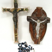 2 x Vintage Crucifixes in Olive wood, MOP, Abalone, epns etc - Sold for $43 - 2016