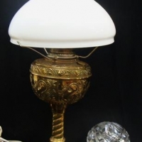 2 x items - Victorian Brass oil lamp converted to electric and crystal mushroom light shade - Sold for $93 - 2016