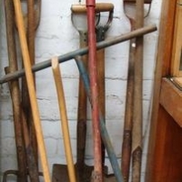 Large group of hand tools including shovels, post hole diggers, pitchfork etc - Sold for $31 - 2016