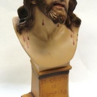 Plaster ware religious statue 'St Cristo de Limpias' Jesus bust on pedestal - 33cm - Sold for $87 - 2016