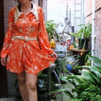 1960's  HELMAR Toronto two piece belted Hot-pants and Mini dress jacket outfit with orange and cream flower power pattern, large collar, button up fro - Sold for $35 - 2016