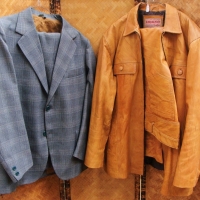 2 x Vintage Men's 2 Piece SUITS - 1980's Tan LEATHER w Ariano Ethiopian made label size Large + Sires Light GreyGreen check Print - size 40 - Sold for $31 - 2016