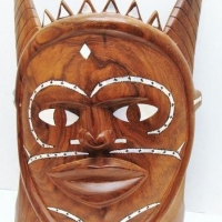 Vintage Solomon Islands carved wooden mask with inlaid mother of pearl - approx h 40cm - Sold for $37 - 2016