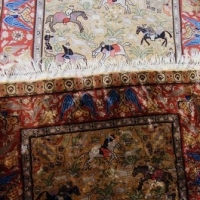 Vintage silk prayer rug with hunting scene and angel border - Sold for $87 - 2016