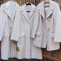 3 x vintage ladies white mohair and wool ladies coats inc - 2 x knee length, 'Selby's NZ' label with original swing tag, 'Stanley's Melbourne' label - Sold for $68 - 2016