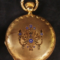 Gents c1900 Emile Richard (Locle) 14k ygold hunter pocket watch with blue enamel to lid, sgd movement, works  - 40mm wide - Sold for $838 - 2016