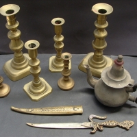 Group with Victorian brass candlesticks, pewter teapot and turkish knife - Sold for $25 - 2016