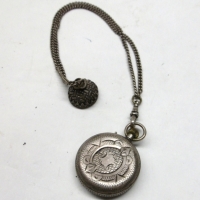 c1900 ladies pretty  fob watch with enameled face, fine silver curb link fob chain (marked 800) and fob - Sold for $137 - 2016