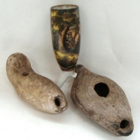 3 x items - 2 x  Roman clay lamps &  handpainted German porcelain pipe - Sold for $62 - 2016