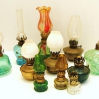 Group of Vintage miniature oil lamps incl green glass, brass etc - Sold for $50 - 2016