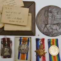 Group of WW1 medals & Dead Mans penny - Corporal John Rood 2nd Australian Light Horse Regiment Victory Medal, Meritorious service medal, 1914-15 star - Sold for $2732 - 2016