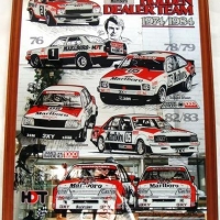 Large framed mirror - The History of the Holden Dealer Team, with images of racing cars in red, white & black advertising Marlboro & IMAGES OF DRIVERS - Sold for $137 - 2016