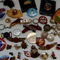 Small tub of badges incl Australian Army Ordinance badges, 43 Battalion Rifle Club badge, etc - Sold for $50 - 2016