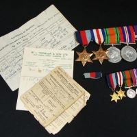 WW2 5 x Medal group to Highland Light Infantry Private W McQuarrie incl Palestine 1945-48 service medal & set of etching miniatures - Sold for $161 - 2016