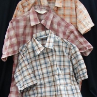 3 x AS NEW 1970'S Men's Australian made Colourful check print SHORT SLEEVED SHIRTS - various labels incl Ambassador, all medium sizes - Sold for $50 - 2016