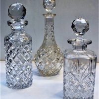 3 x Cut Crystal decanters with original stoppers tallest 31cm - Sold for $81 - 2018